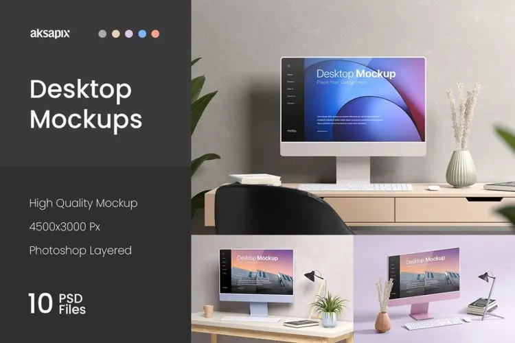 Desktop Mockup iMac桌面屏幕显示器网页ui界面设计作品贴图ps样机素材展示模板