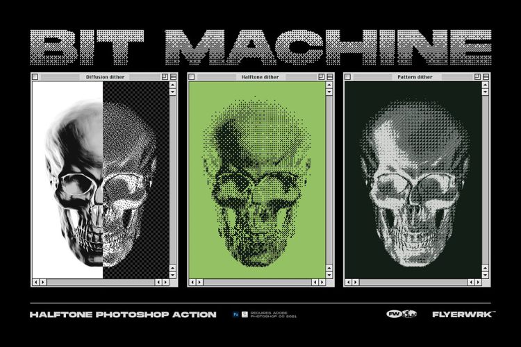 Bit machine Halftone Action 90年代像素风马赛克复古潮流半调图像照片特效ps动作插件生成模版