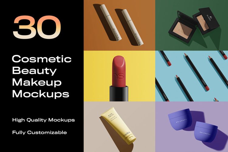 30 Cosmetic Beauty Makeup Mockups  30款口红面霜粉底软管化妆品美妆产品包装设计贴图ps样机素材合集