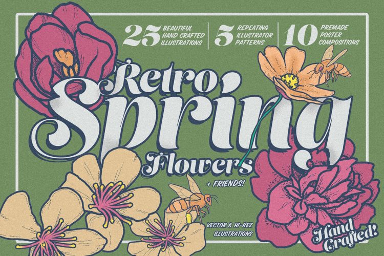 Retro Spring Flowers Bundle 潮流复古花卉蔬菜植物线描手绘插画插图ai设计素材源文件合集