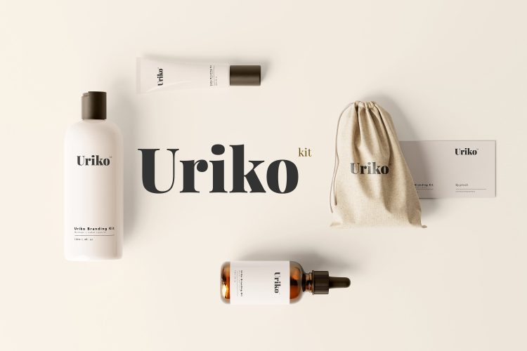 Uriko – Cosmetic Branding Kit  25款护肤品美妆精油润肤露化妆品乳液分装瓶包装设计ps样机素材