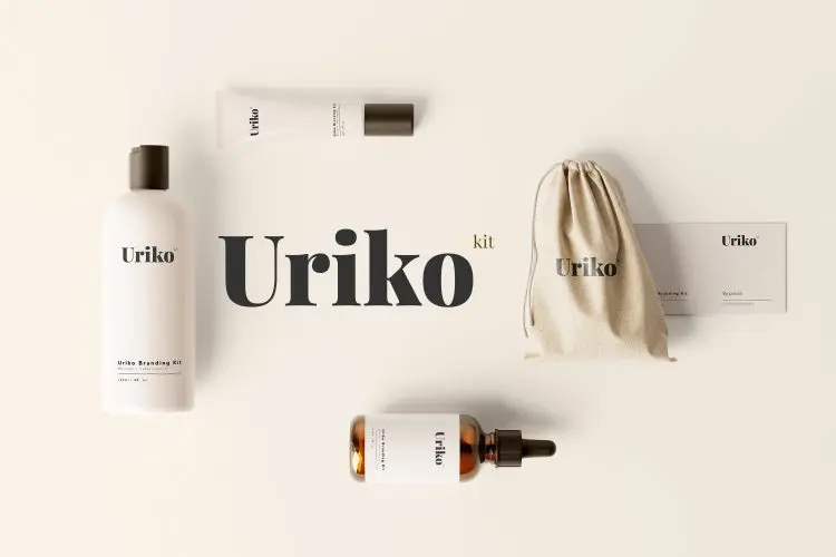 Uriko – Cosmetic Branding Kit  25款护肤品美妆精油润肤露化妆品乳液分装瓶包装设计ps样机素材
