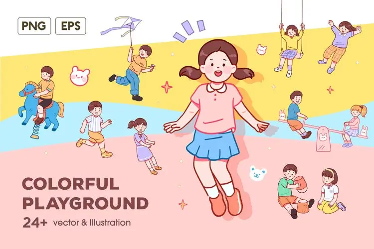 Playground Illustration Pack 25幅儿童孩子操场健康游玩矢量插图插画图片设计素材Ai源文件