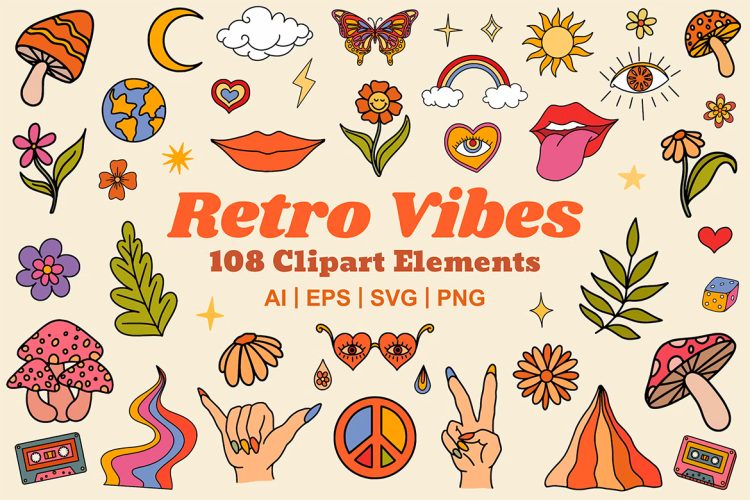 Retro Vibes Design Elements – Nostalgic Good Vibes 108张复古怀旧波西米亚艺术梦幻矢量卡通插图插画设计素材png免抠图片