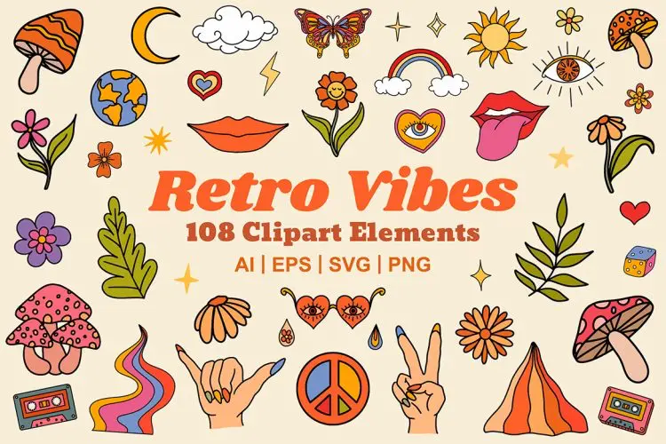 Retro Vibes Design Elements – Nostalgic Good Vibes 108张复古怀旧波西米亚艺术梦幻矢量卡通插图插画设计素材webp免抠图片