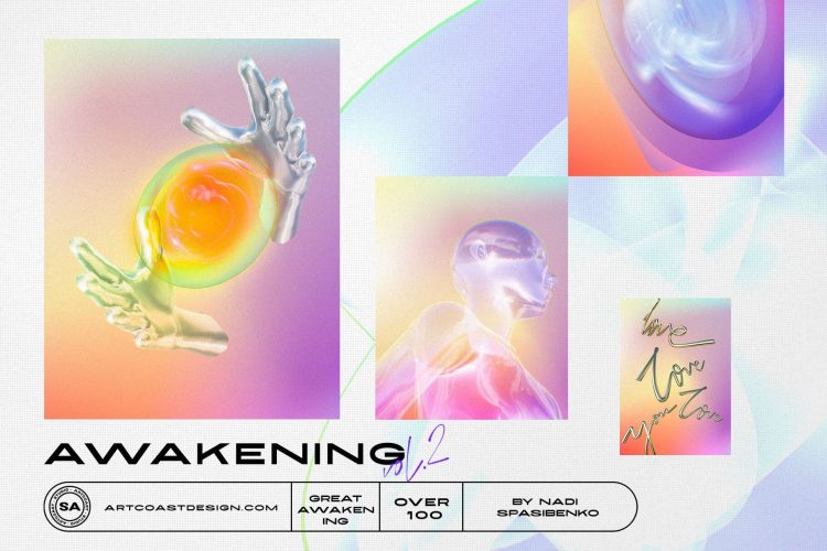 AWAKENING 3D Objects & Poster 潮流Y2K酸性全息赛博朋克未来科幻金属人体PNG免抠图片设计素材