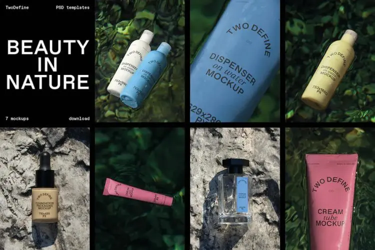 Beauty in Nature Pack 化妆品美妆护肤分装瓶包装设计贴图ps样机素材自然场景展示效果图