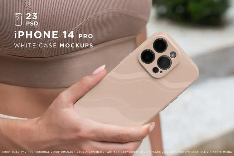 iPhone 14 Pro White Case Mockup’s 23款iPhone 14 Pro硅胶手机壳设计贴图ps样机素材场景展示效果图