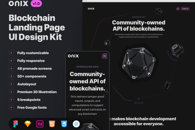 Onix Blockchain Landing Page UI Design Kit 48屏响应式区块链加密货币app登录网页界面设计黑色ui套件html模板