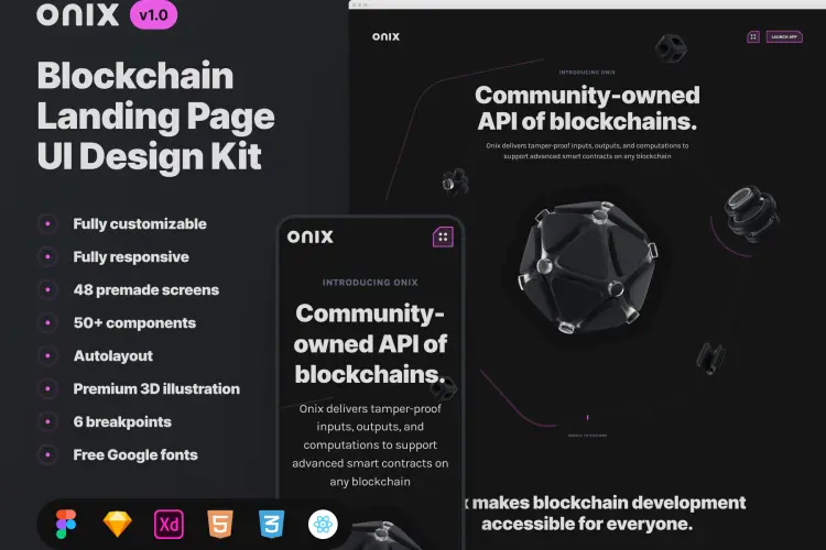 Onix Blockchain Landing Page UI Design Kit 48屏响应式区块链加密货币app登录网页界面设计黑色ui套件html模板