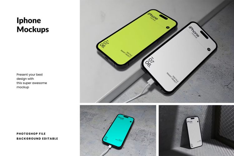 Iphone 14 Mockup 3张充电的苹果14手机模型用户界面ui设计展示贴图ps样机素材模板