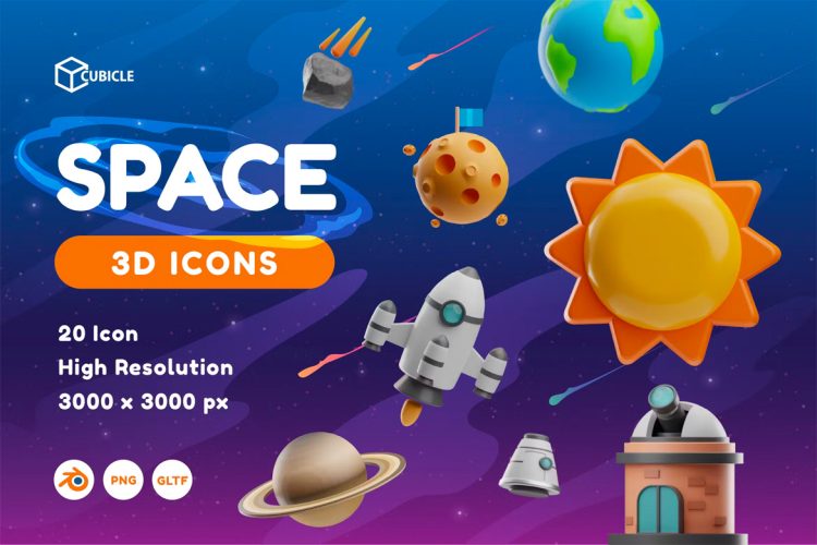 Cubicle – Space 3D Icon  20个卡通黏土风格宇宙太空星球宇航员3D图标Icons设计素材包