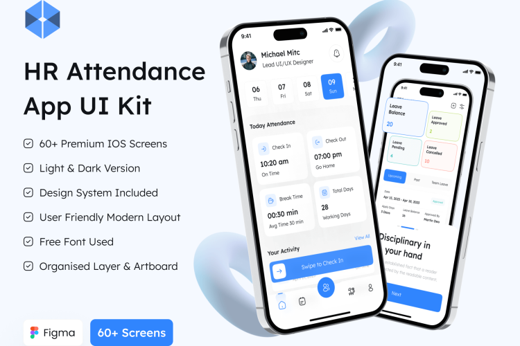 HR Attendance App UI Kit  60屏人力资源员工考勤系统app用户界面设计ui套件模板