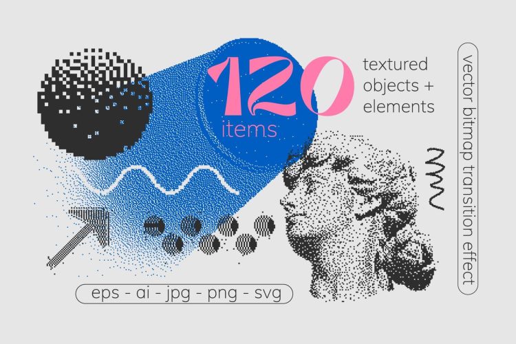 120 Vector Dither Textured Clip Arts  120款潮流街头复古半调像素画马赛克艺术抽象插图插画ai设计素材