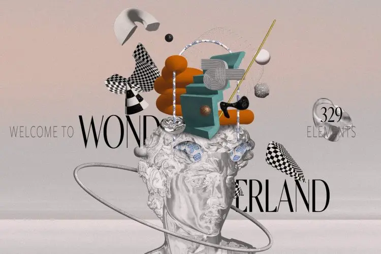 Welcome to Wonderland  329款现代3D抽象艺术Y2K金属立体几何拼贴海报webp免抠图片素材