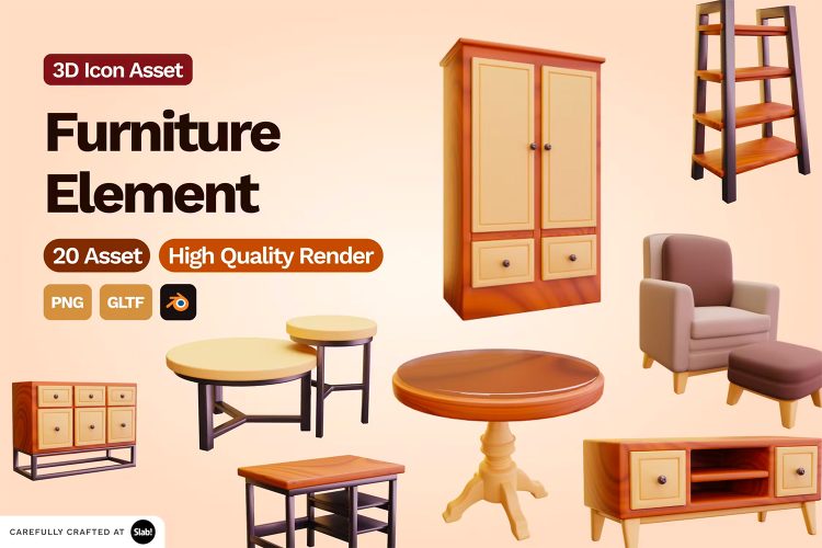 3D Furniture Element Icon 20款木质时尚家具元素3D立体图标Icons设计素材包