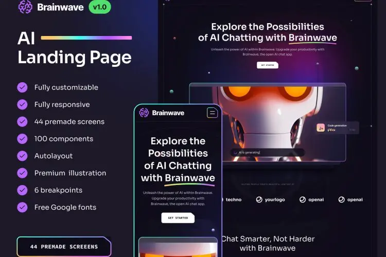 Brainwave – AI Landing Page Kit 全套Ai人工智能科技网站首页登录页网页UI界面设计Fig模板素材
