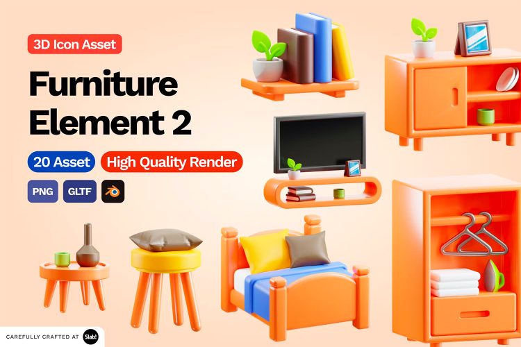 3D Furniture Element Icon Vol 2  20款独特卡通家具元素3D立体图标Icons设计素材包