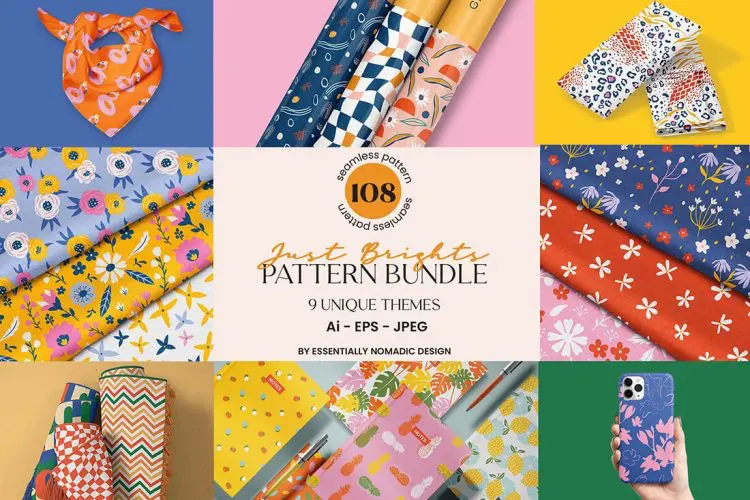 Just Brights Seamless Pattern Bundle 108款艺术装饰几何花卉墙纸无缝拼接印花图案背景设计素材源文件