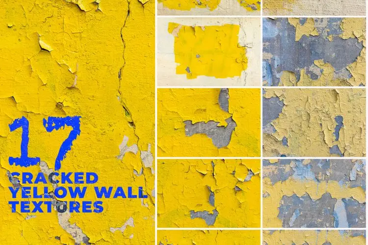 17 Cracked Yellow Wall Surface Textures  17张陈旧裂开黄色裂纹墙皮墙面纹理背景叠加图片设计素材