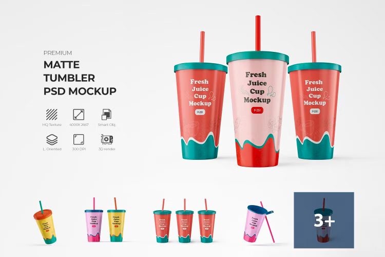 Matte Plastic Tumbler Cup With Straw Mockup  8款一次性带吸管的哑光塑料随行饮料杯模型杯身设计贴图ps包装样机素材模板