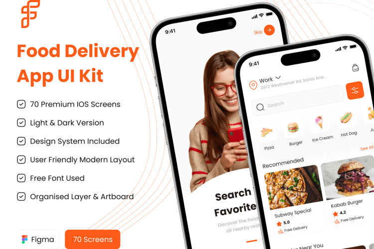 Food Delivery App UI Kit  70屏美食外卖在线订餐配送app界面设计ui套件明暗模板