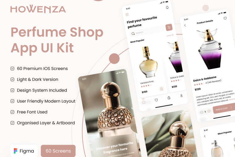 Howenza – Perfume Shop App UI Kit  60屏香水专卖在线商城移动电商手机app用户界面设计明暗模板