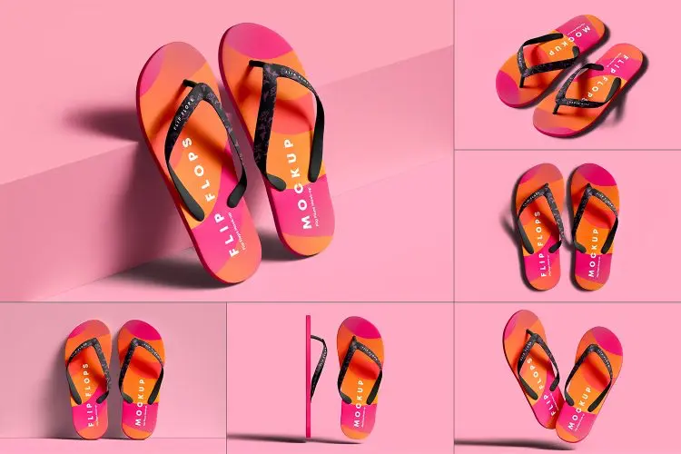Flip Flops Mock-up 6款沙滩人字拖夹脚凉鞋拖鞋印花图案设计贴图ps样机素材展示效果
