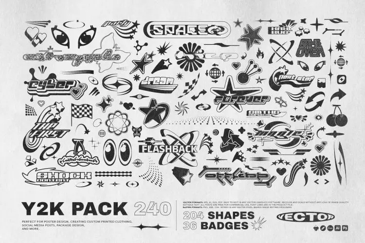 Y2K 240 Shapes Badges Graphic Styles  240款潮流复古酸性Y2K机能抽象赛博朋克logo图标几何图形设计素材