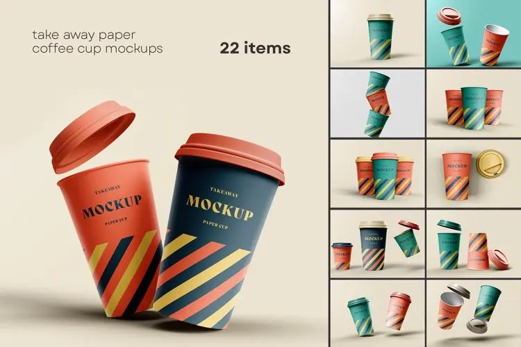 Take Away Paper Coffee Cup Mockups 一次性外卖咖啡杯热饮杯纸杯贴图ps样机素材图片国外设计模板