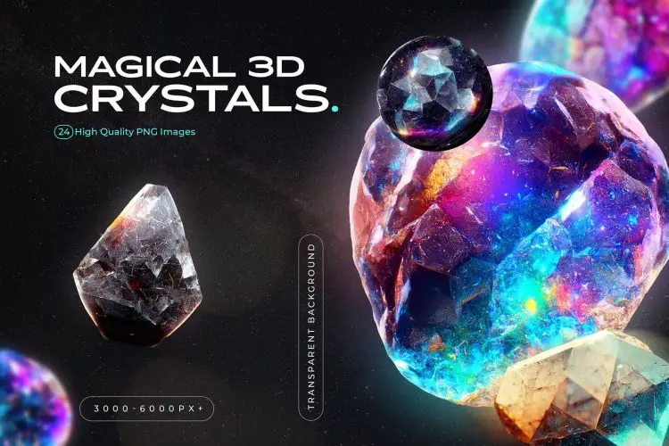 3D Gems & Crystals Collection  24款高清炫彩天然裸石彩钻宝石水晶钻石肌理webp免抠图片设计素材