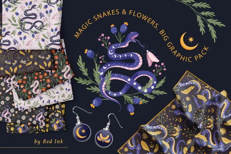 Snake Illustration & pattern bundle 神秘抽象艺术植物毒蛇魔法图腾手绘插画无缝拼接印花图案设计素材