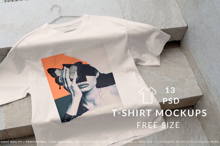 T-Shirt Mockups Free Size  13款均码短袖T恤印花图案设计贴图ps样机素材场景展示效果模板