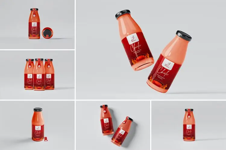Sauce Bottle Mockup 8款酱汁玻璃瓶模型瓶身包装设计贴图ps样机素材模板