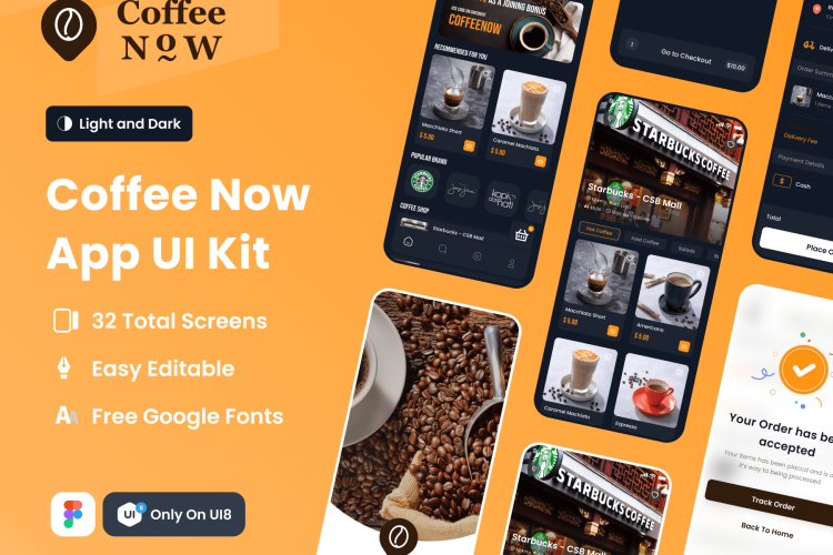 Coffee Now App UI Kit  32屏简洁时尚咖啡外卖预订app界面设计手机ui模板免费下载