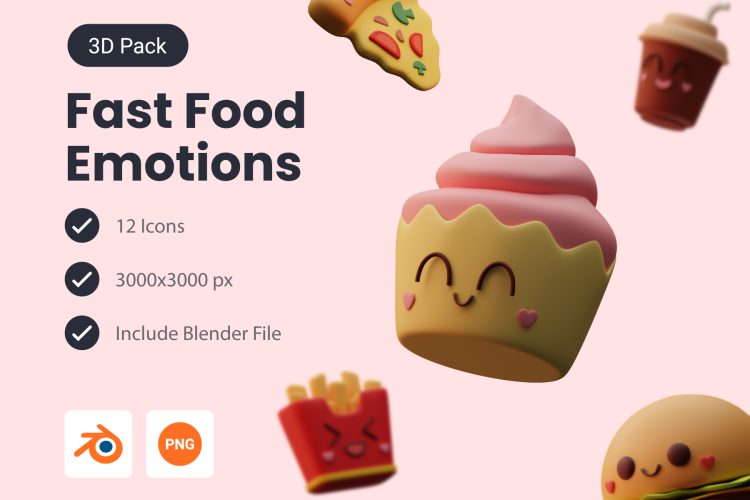 Fast Food Emotions 3D Icon Pack  12款披萨薯条冰激凌快餐宣传元素3D卡通表情图标icon素材png免抠图文件