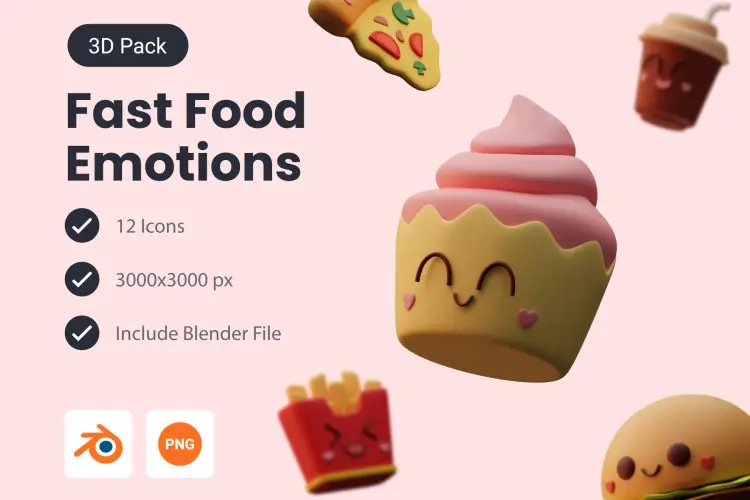 Fast Food Emotions 3D Icon Pack  12款披萨薯条冰激凌快餐宣传元素3D卡通表情图标icon素材webp免抠图文件