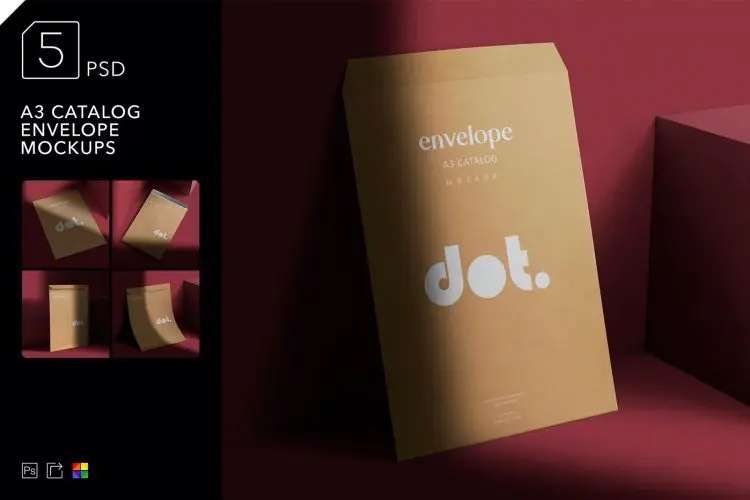 A3 Catalog Envelope Mockups  5款A3竖版快递袋信封模型logo标识设计贴图ps办公文具样机素材模板