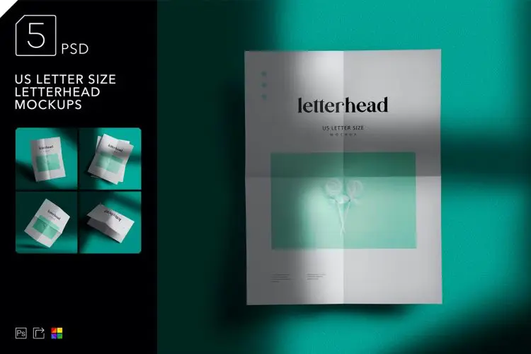 US Letter Size Letterhead Mockups 对折痕美国信纸信笺模型营销广告设计贴图ps样机素材模板