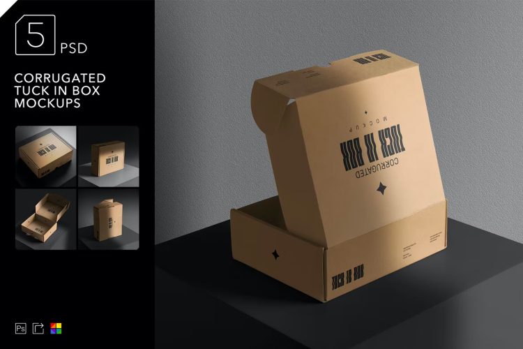 Corrugated Tuck In Box Mockups  5款瓦楞纸纸盒纸箱飞机盒快递盒打包盒PSD样机