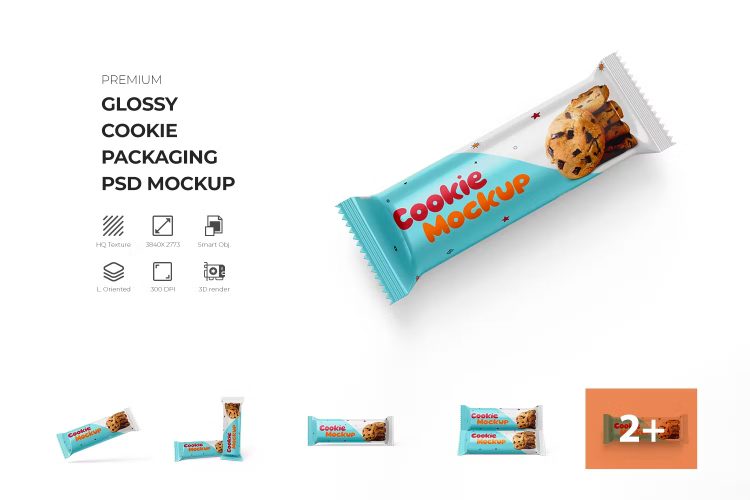 Glossy Cookie Biscuit Packaging Mockup  7款悬浮长条饼干零食袋模型商标logo设计贴图ps包装样机素材模板