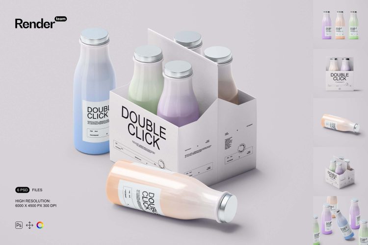 Yogurt Bottle and Box Mockup Set  6款时尚酸奶瓶牛奶果汁饮料玻璃瓶组合包装设计贴图ps样机素材