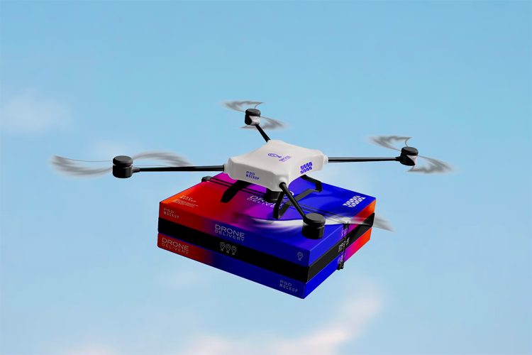 Delivery Drone Mockup 无人机送货快递纸箱包裹包装设计贴图ps样机素材场景展示效果模板