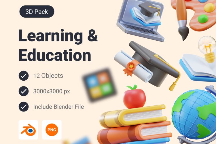 School Education & Learning 3D Icon Pack  3D立体卡通学校教育学习文具开学季icon图标png免抠插画图片素材