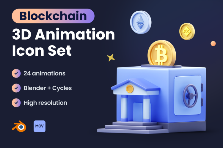 Blockchain 3D Animation Icon Set  24款高级区块链加密货币预制场景演示3D图标插画icon国外设计素材