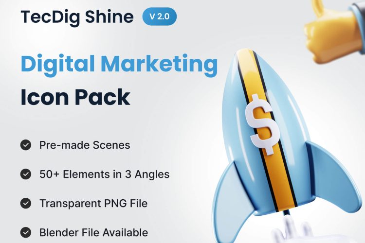 TecDig Shine – Digital Marketing 3D illustration  50款数字科技app网页界面营销演示3D图标icon素材png免抠图设计素材