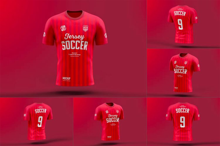 Soccer T-shirt Mock-up  6款3D立体圆领短袖足球运动服队服球衣服装设计贴图ps样机素材