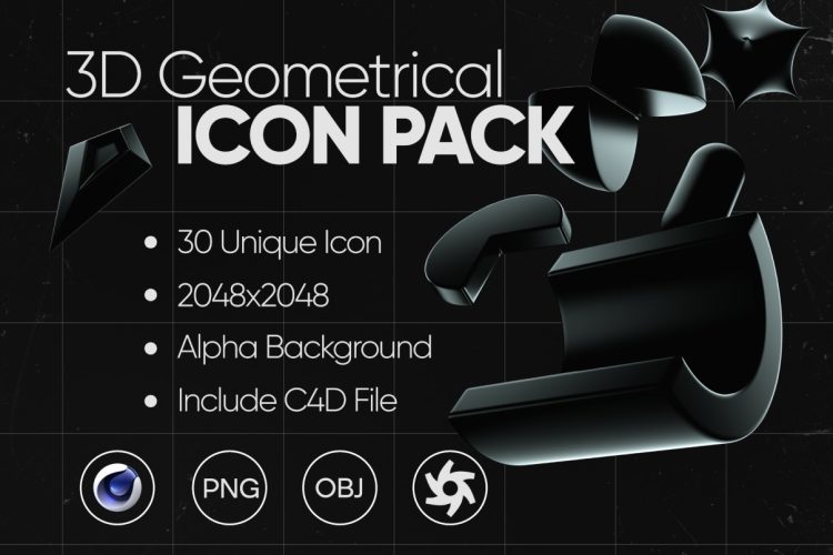 3D Geometrical – 3d Icon Pack  30款创意立体黑色时尚科幻抽象3D三维几何图形C4D设计素材源文件