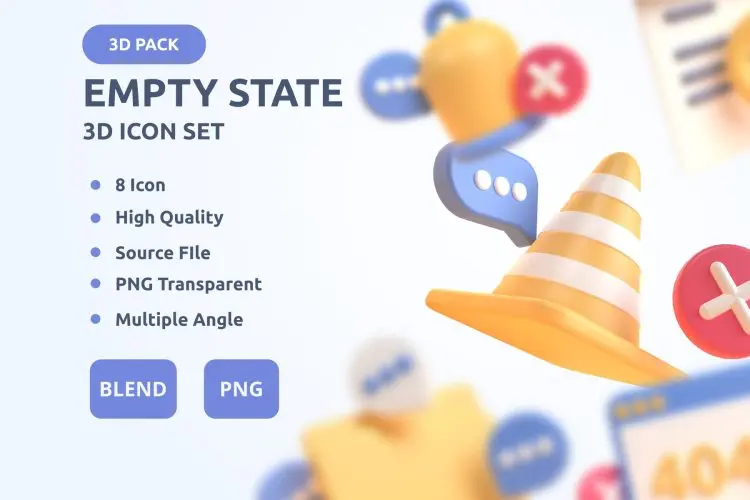 Empty State 3D Icon Set  8款app网页断网空状态404占位3D图标icon国外设计素材webp免抠图文件