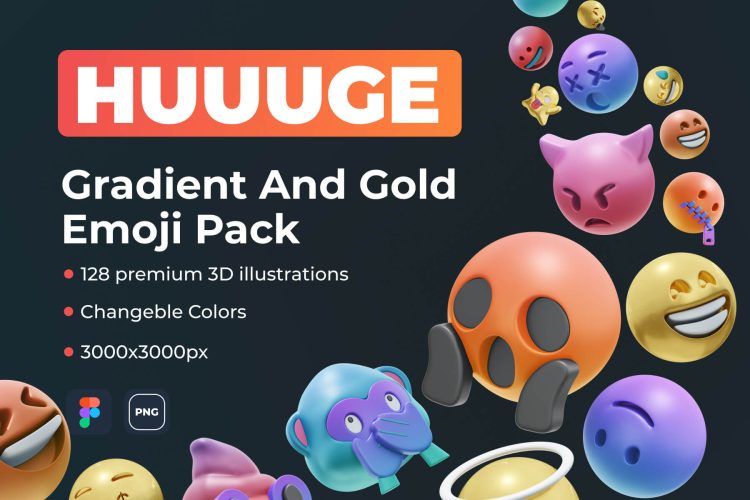 HUUUGE Gradient And Gold Emoji 3D Pack  120款创意潮流3D立体emoji表情包png免抠icon图标插画设计素材